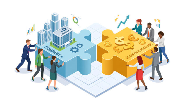 Business teams merging company and finance puzzle pieces isometric vector illustration