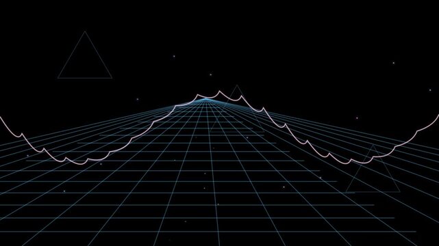 Abstract retro grid background with moving neon lines and triangles