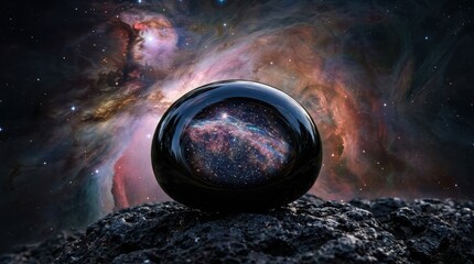 A black orb reflecting a vibrant galaxy rests on rough terrain against a cosmic nebula.