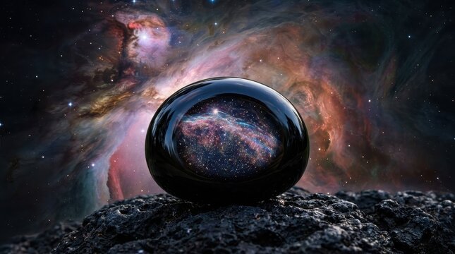 A black orb reflecting a vibrant galaxy rests on rough terrain against a cosmic nebula.