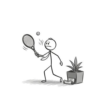 Stick figure playing tennis with plant.