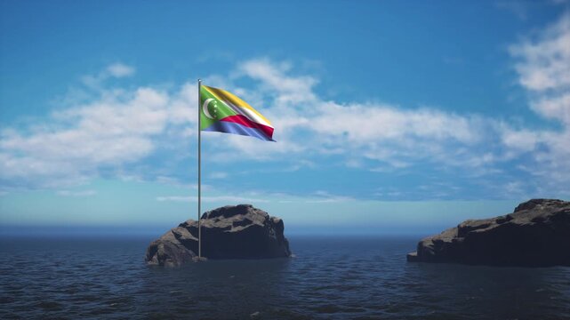 Comoros Flag Standing In The Middle Of The Ocean Near A Rock