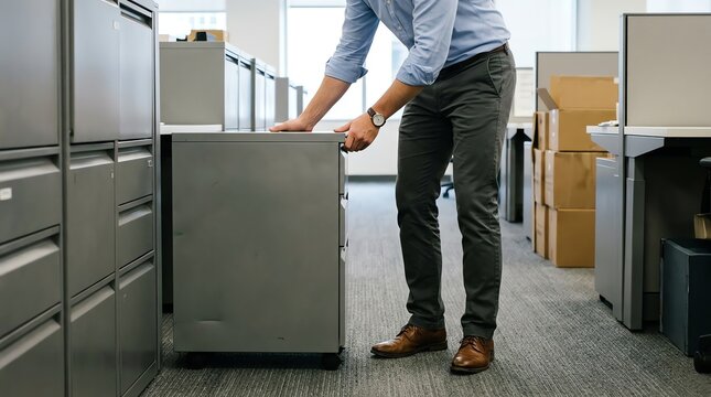 Office employee relocating metal filing cabinet in cubicle workspace environment