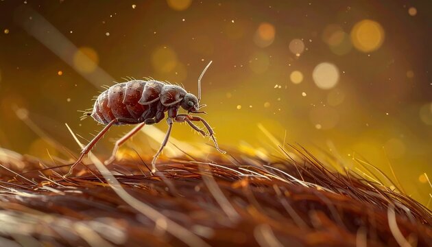 A tiny brown flea captured mid-leap upon coarse brown animal fur, showcasing incredible detail and microscopic action.