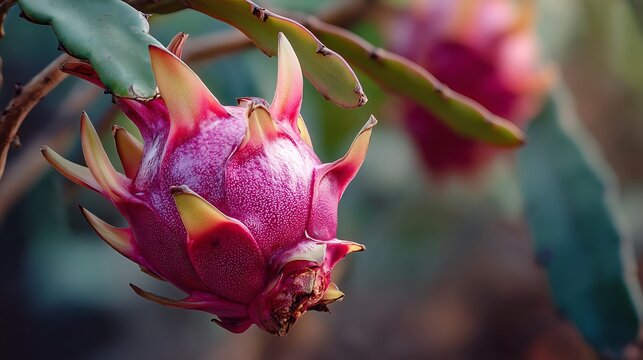 Close-up of a ripe dragon fruit growing on a cactus stem, highlighting detailed textures, vibrant colors, and natural beauty in a tropical farming environment.