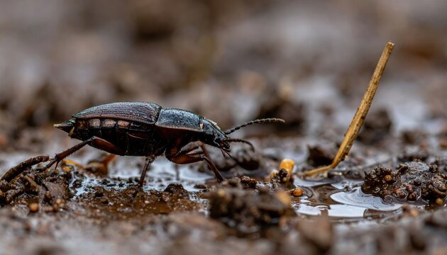 Black Rove Beetle Scuttles Across Damp Soil Surface in Detailed Macro