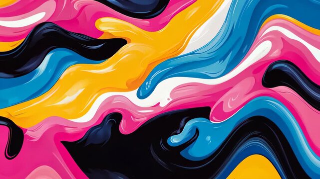 Vibrant Fluid Art Abstract: An explosion of vivid colors - pink, blue, yellow, and black - swirls and flows in a dynamic, abstract composition.