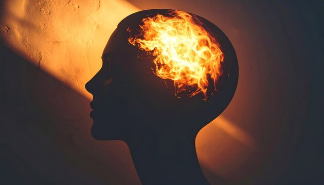 Silhouette of a Head with Flames Inside - Intense Mental State.