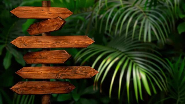 Blank Wooden Signs in Jungle: An empty wooden directional signpost stands in a lush, vibrant jungle, inviting travelers to choose their path.