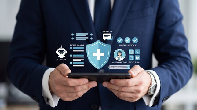 Doctor using tablet with augmented reality medical interface showing patient records and AI support for healthcare diagnosis and verified protocols in modern hospital environment