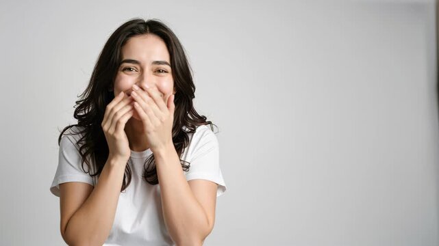 Joyful Laughter: A young woman with a bright smile covers her mouth, her eyes sparkling with amusement, caught in a moment of infectious laughter.
