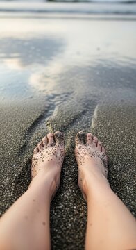 Bare feet standing on wet sandy beach at sunset.
