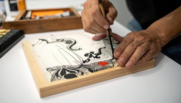 Artist's Hand Carefully Applying Ink to Linocut Block for Detailed Artwork