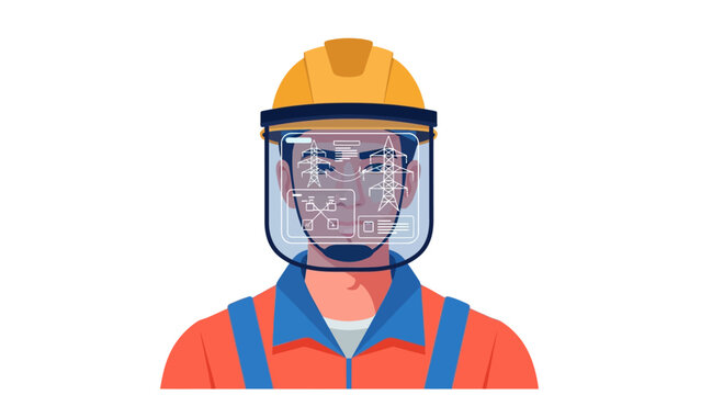 Industrial worker wearing AR face shield with electrical grid data and power pylon HUD overlays