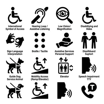 A comprehensive collection of 16 monochrome accessibility icons, each labeled with text descriptions representing services for disabilities.