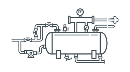 Obraz premium Professional Line Drawing of Industrial Boiler System with Pipes Valves Gauges and Burner Monochrome Technical Diagram