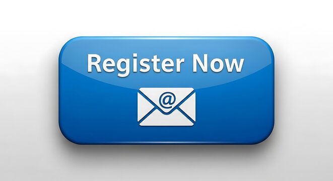 Blue register now button with email symbol design.