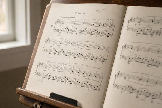 Close-up of classical sheet music with pencil annotations on a wooden stand.