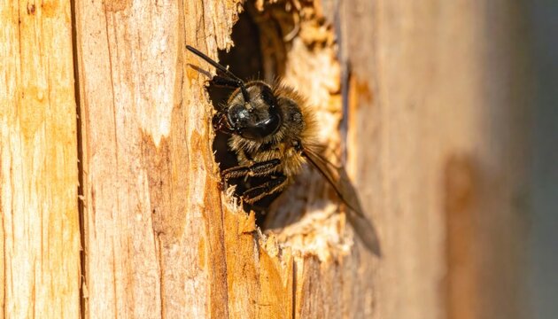 Carpenter bee industriously excavates wooden post with powerful jaws, showcasing nature's engineering.