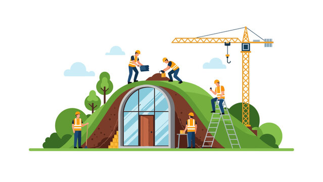 Eco-Friendly Modern Earth-Sheltered Home Construction Vector Illustration