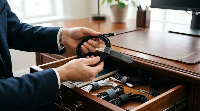 A professional meticulously organizes various electronic cables and tech accessories in a tidy office desk drawer, ensuring an efficient and clutter-free workspace