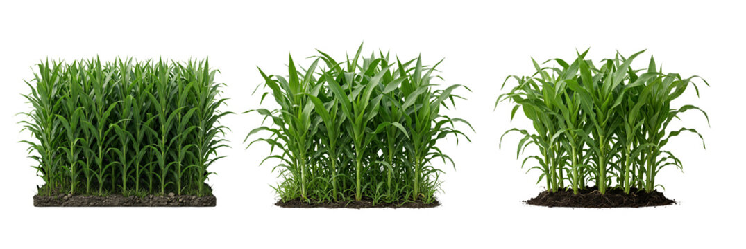 Vibrant green corn stalks and leaves in soil patches isolated on a black background isolated on transparent background