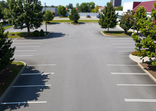 Aerial view of an empty asphalt parking lot with marked spaces and shade from trees