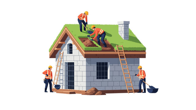 Construction workers installing a sustainable green sod roof on an eco-friendly stone house