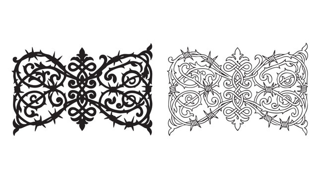 black silhouette with line art vector icon of barbed wire bo