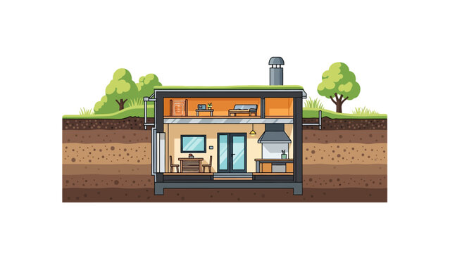 Modern underground house cross-section illustration, eco-friendly earth-sheltered home and survival bunker design.