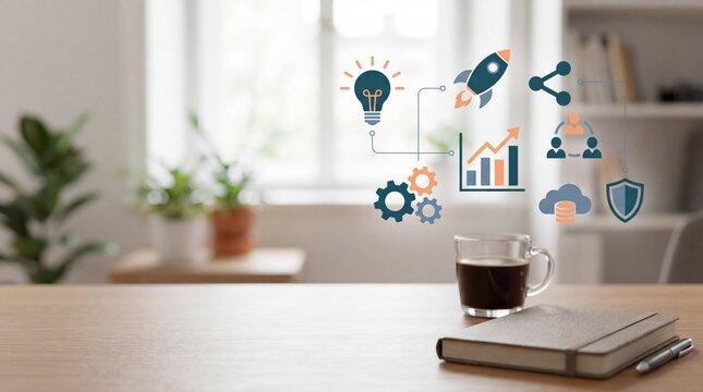 Creative workspace with coffee cup notebook pen and floating business icons representing innovation strategy growth teamwork security cloud computing gears rocket lightbulb for ...
