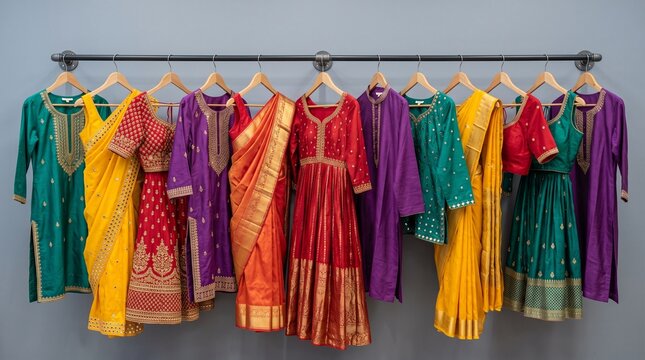 Colorful Indian Ethnic Traditional Clothing Collection on a Fashion Display Rack