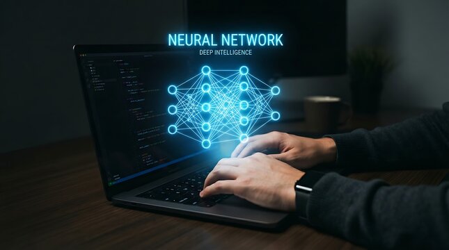 Developer at laptop with glowing neural network hologram representing deep learning and advanced artificial intelligence research.