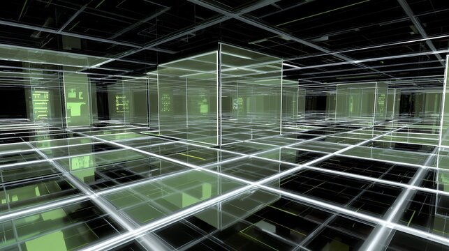 Futuristic digital room with green glowing transparent cubes and grid floor, visualizing data storage and blockchain server centers