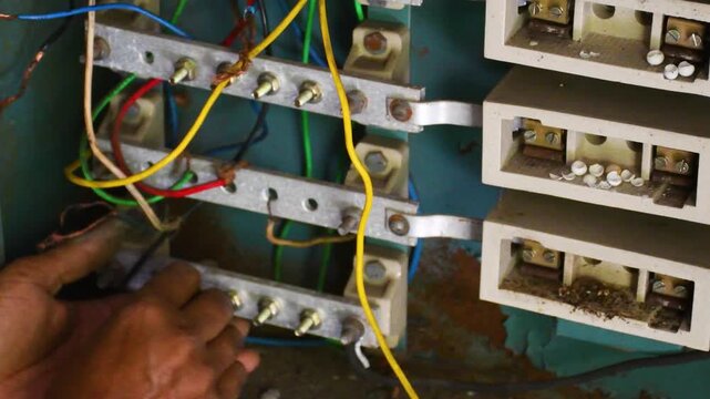 Electrician Connecting High Voltage Domestic Electrical Wires Close Up