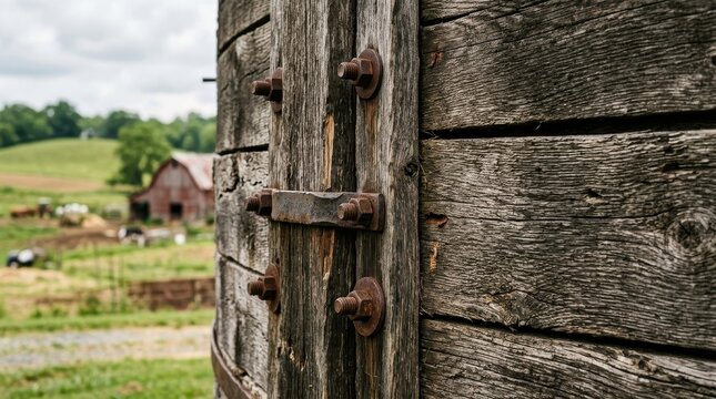 Close-up of weathered wooden barn door with rusty metal hinge and bolts