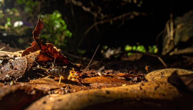 Earwig navigates through damp leaf litter on the forest floor, captured in a detailed low-angle macro