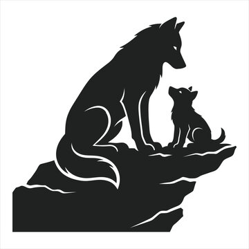 Vector silhouette illustration of a wolf and pup on a cliff