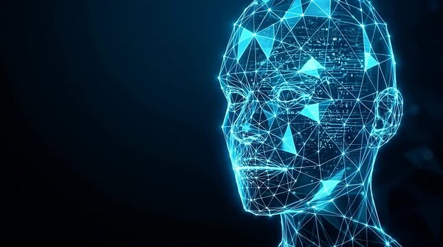 3D digital human face composed of glowing polygons and data patterns