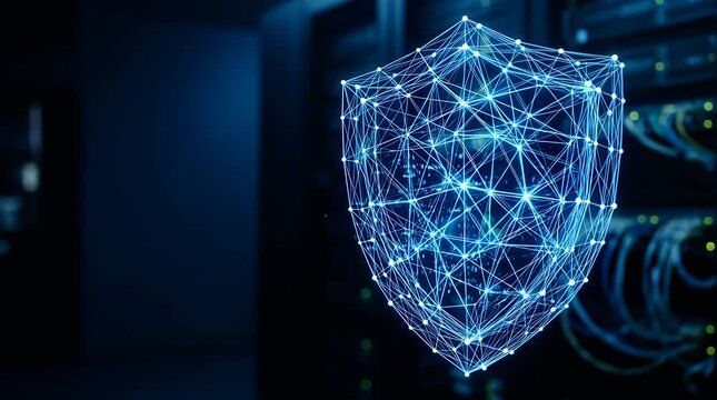Digital shield made of interconnected lines representing cybersecurity and data protection in a server room