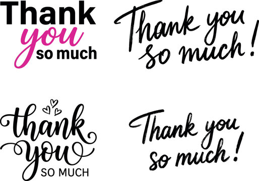 Four variations of thank you lettering with cursive and script fonts isolated on transparent background
