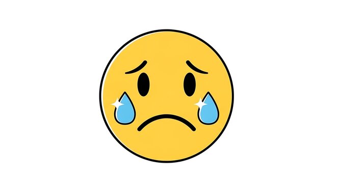 Yellow sad face emoticon with blue tears crying.
