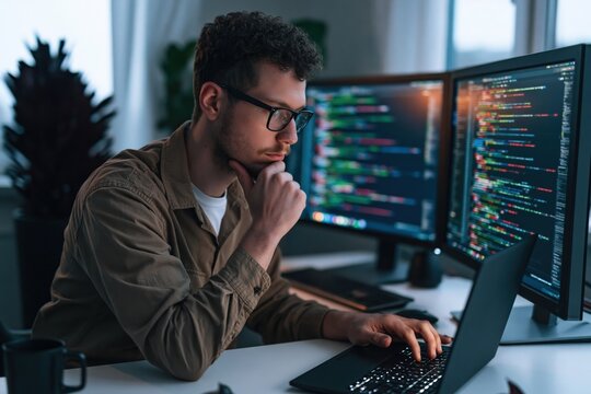 Developer and programmer coding software on computer monitors at a home office desk
