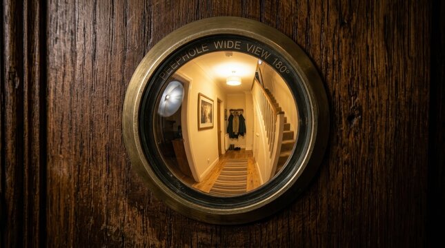 Antique Brass Peephole Viewer Installed in a Solid Wooden Entry Door Offering a Wide 180 Degree View
