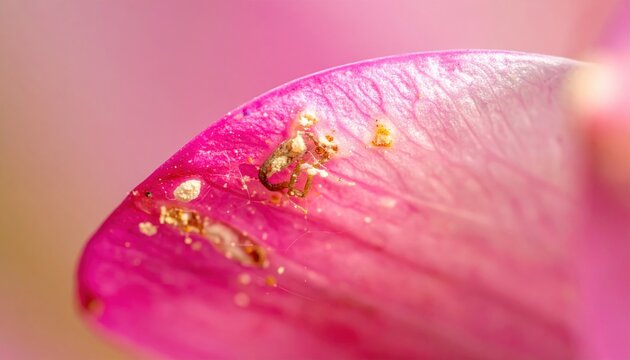 Extreme macro view of thrips damage on a vibrant pink flower petal, revealing tiny erosions and pest residue