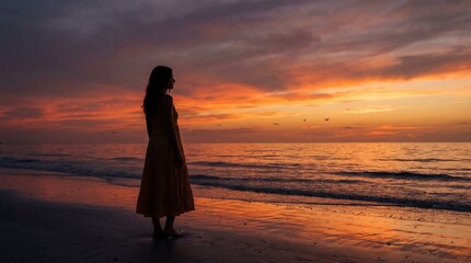 Fototapeta premium Woman Silhouette Standing on Beach at Sunset