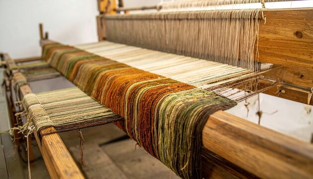 Intricate woven fabric in progress on a traditional wooden loom, showcasing colorful threads and detailed textile creation.