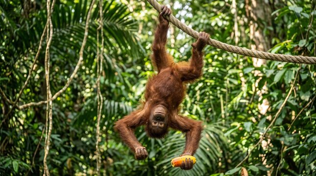 Monkey hangs upside down from rope in lush green tropical jungle forest