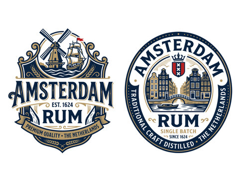 Vintage amsterdam rum labels with windmill, ship and canal houses