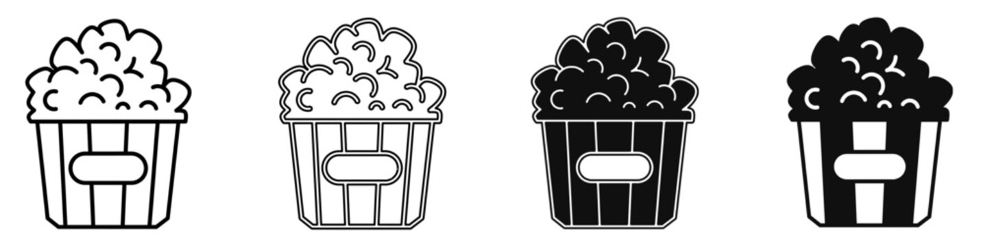 A collection of minimalist popcorn icons featuring outline and solid black and white styles.